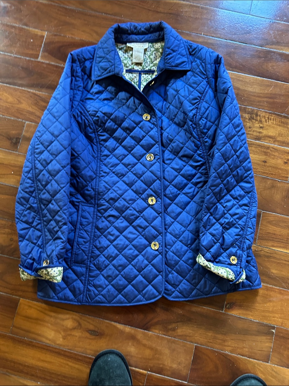 Women’s Quilted Navy Puffer Jacket with Button Front